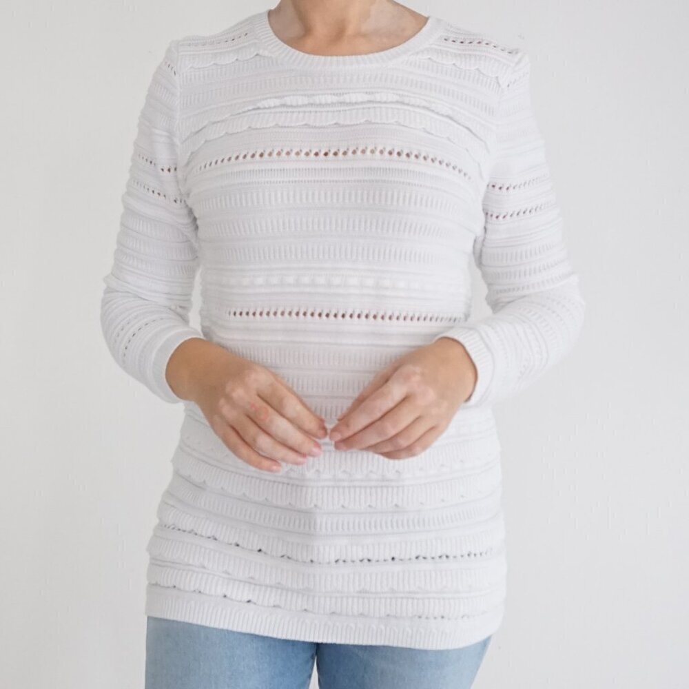 Banana Republic White Cotton Blend Long Sleeve Tiered Scoop Neck Sweater L
